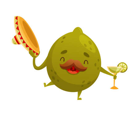 Cute funny lime with sombrero hat drinking tequila. Mexican culture symbol cartoon vector illustrationのイラスト素材