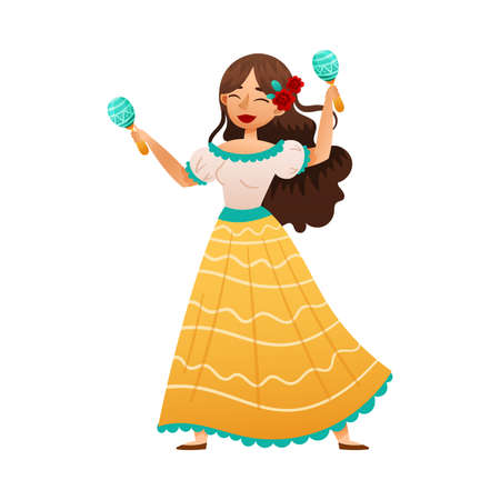 Mexican girl wearing traditional dress dancing and shaking maracas cartoon vector illustrationのイラスト素材