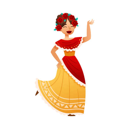 Beautiful happy girl wearing traditional Mexican dress cartoon vector illustrationのイラスト素材