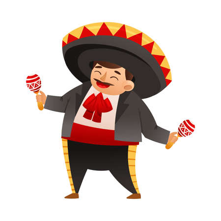 Mexican man wearing traditional clothes and sombrero hat shaking maracas cartoon vector illustrationのイラスト素材