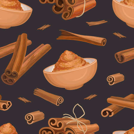 Cinnamon Spice Sticks and Aromatic Powder Vector Seamless Pattern Templateのイラスト素材