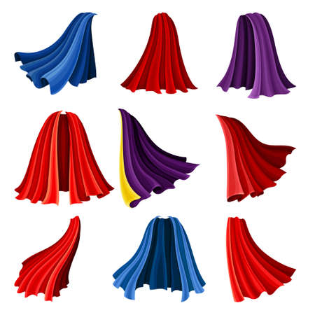 Red and Blue Cloak or Cape as Loose Silk Garment Worn Over Clothing Vector Setのイラスト素材