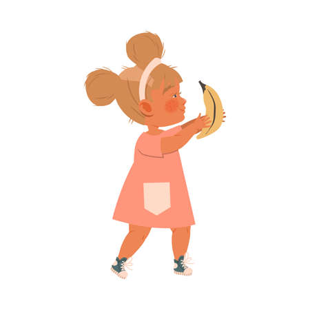 Cute little girl holding banana cartoon vector illustrationのイラスト素材