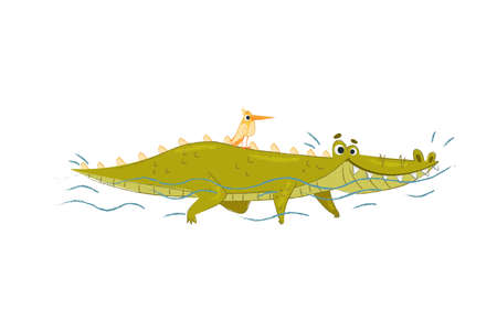 Cute Crocodile Character with Bird on Its Back Floating in Water Vector Illustrationのイラスト素材