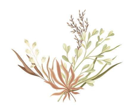 Wild dried flowers. Bouquet in green, ivory and dusty pink colors for your own design vector illustrationのイラスト素材