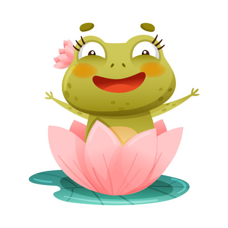 Cute funny frog. Green adorable toad character sitting on lotus flower in pond cartoon vector illustrationのイラスト素材