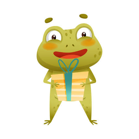 Cute happy frog holding gift box. Green funny toad cartoon character vector illustrationのイラスト素材
