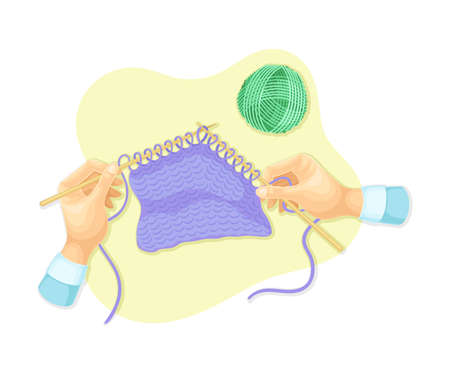 Hands knitting. Top view of creative work process, hobby and craft concept vector illustrationのイラスト素材