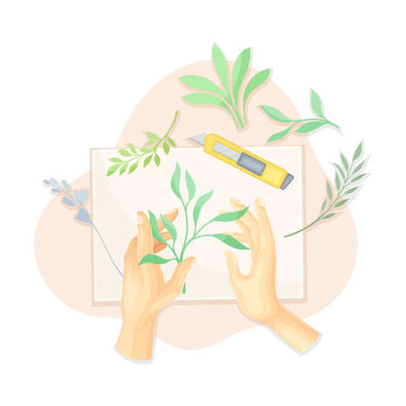 Hands creating herbarium from dried plants and flowers. Top view of creative work process, hobby and craft concept vector illustrationのイラスト素材