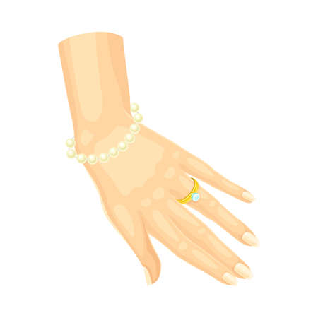 Female hand wearing golden ring with diamond and pearl bracelet vector illustratioのイラスト素材