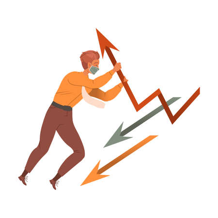 Businessman resisting of losing profits and overcoming crisis. Coronavirus pandemic causing financial crisis concept cartoon vector illustrationのイラスト素材
