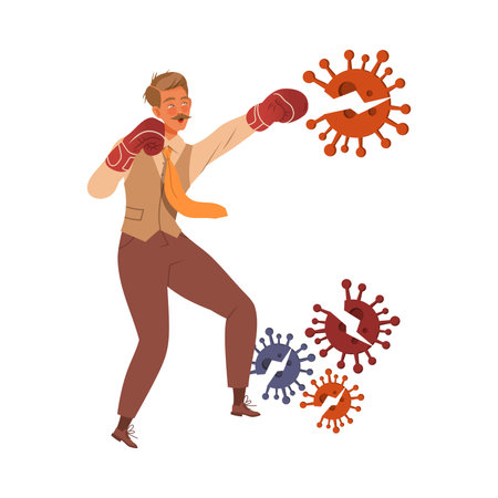 Businessman in boxing gloves fighting viruses. Coronavirus pandemic causing financial crisis concept cartoon vector illustrationのイラスト素材
