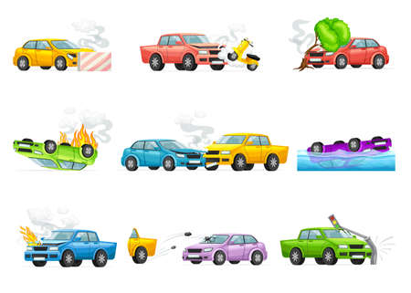 Transport damaged in road accidents set. Auto insurance cases vector illustrationのイラスト素材