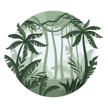 Jungle tropical landscape with palm trees in mist. Monochrome rainforest scenery in geometric round shape design vector illustrationのイラスト素材