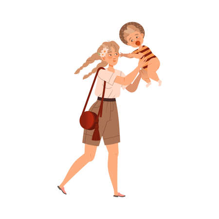 Young Mother Holding Little Son with Arms Vector Illustrationのイラスト素材