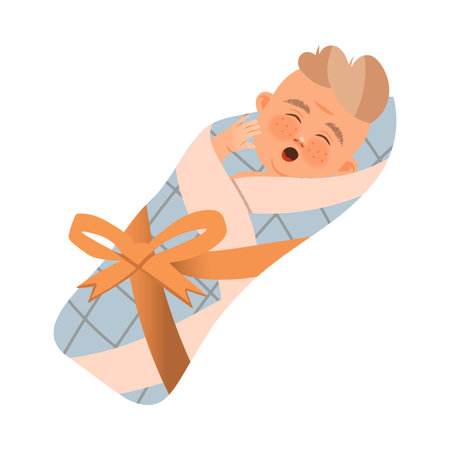 Newborn Baby Enveloped in Blanket and Tied with Ribbon Bow Yawning Vector Illustrationのイラスト素材