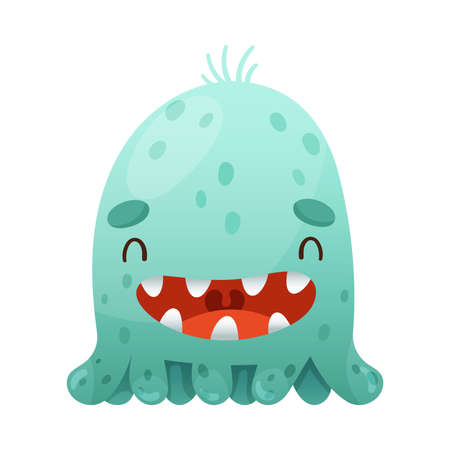 Cute cartoon monster baby character. Blue smiling toothy alien with funny face vector illustrationのイラスト素材