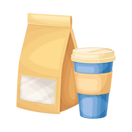 Paper bag and coffee in disposable cup. Take away food. Morning time cartoon vector illustrationのイラスト素材