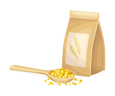 Mustard Yellow Seeds Piled in Spoon and in Packed in Kraft Paper Bag Vector Illustrationのイラスト素材