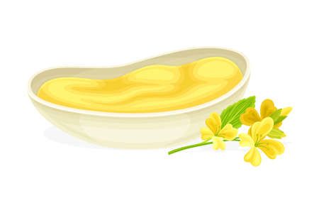 Mustard Yellow Paste or Sauce in Bowl and Blossom Vector Illustrationのイラスト素材