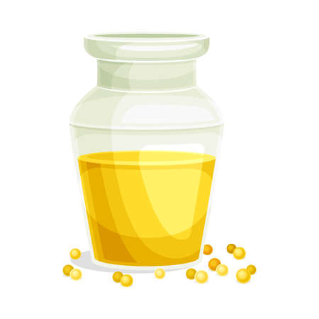 Mustard Yellow Oil Poured in Glass Jar and Scattered Grain or Seeds Vector Illustrationのイラスト素材