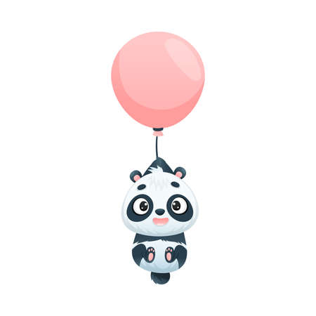 Cute Panda Flying with Toy Pink Balloon Vector Illustrationのイラスト素材