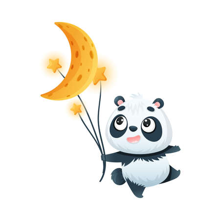 Cute Panda Character Holding Bright Star and Crescent by String Vector Illustrationのイラスト素材
