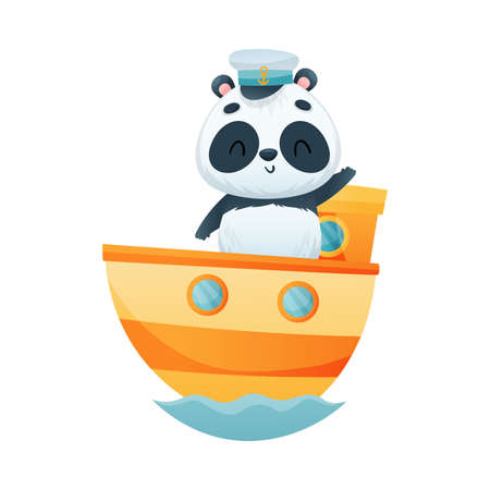 Cute Panda Character Sailing Ship and Waving Paw Vector Illustrationのイラスト素材