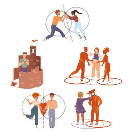 Personal boundaries set, People standing inside drawn lines. Self isolation, personal space vector illustrationのイラスト素材