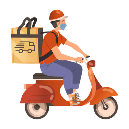 Pizza delivery man riding scooter wearing protective mask. Courier delivering boxes during pandemic vector illustrationのイラスト素材
