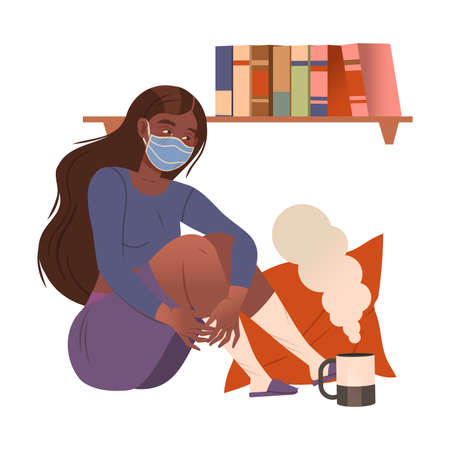 Girl in protective mask staying at home with self quarantine. Compelled Isolation due to Covid 19 Pandemic vector illustrationのイラスト素材