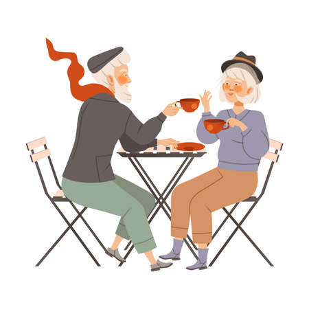 Elderly couple sitting at table in cafe or restaurant. Man and woman talking, eating and drinking at cafeteria vector illustrationのイラスト素材
