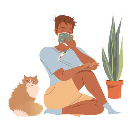 Infected young man in protective mask staying at home with self quarantine. ompelled Isolation due to Covid 19 Pandemic vector illustrationのイラスト素材