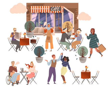 People sitting in street cafe set. Visitors talking, eating and drinking at cafeteria vector illustrationのイラスト素材