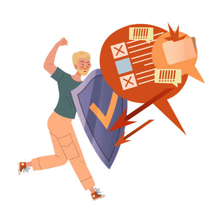 Man protected by shield from information attack. Person overloaded by information vector illustrationのイラスト素材