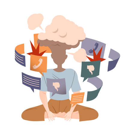 Personl overloaded by information, job burnout, ineffective multitasking vector illustrationのイラスト素材