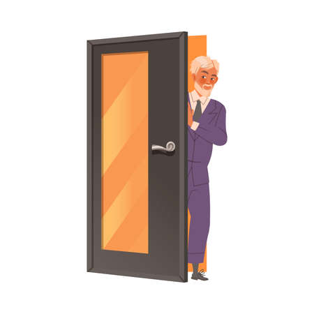 Elderly businessman standing at open door vector illustration on white backgroundのイラスト素材