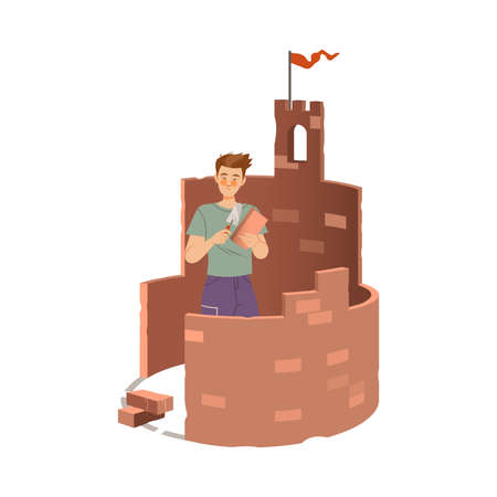 Lonely man building her own brick castle. Social isolation, unsocial lonely person cartoon vector illustrationのイラスト素材