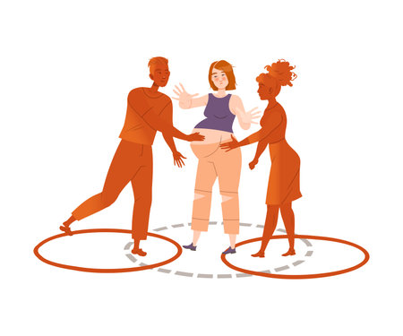 Pregnant woman standing inside personal boundaries drawn with dotted line and people reaching for her. Personal space concept cartoon vector illustrationのイラスト素材