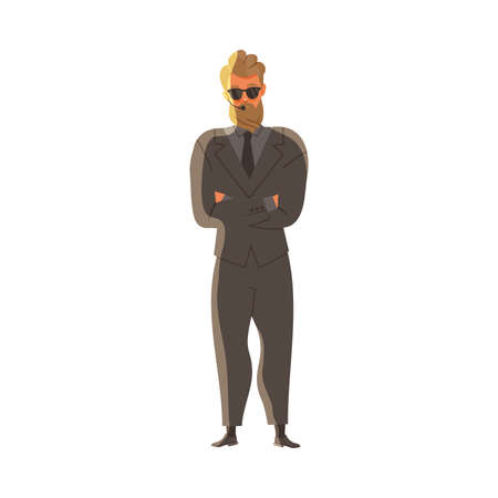 Bearded Brutal Man as Security Guard in Black Suit Standing at Nightclub Face Control Vector Illustrationのイラスト素材