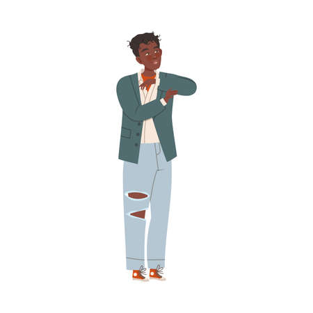 Man in Ripped Jeans and Jacket Waiting or Standing in Queue or in Line for Nightclub Vector Illustrationのイラスト素材