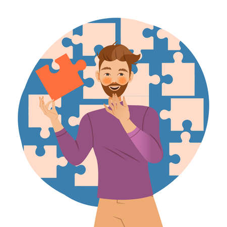 Young man with logical structural type of thinking. Human mental mindset, personality emotions concept cartoon vector illustrationのイラスト素材