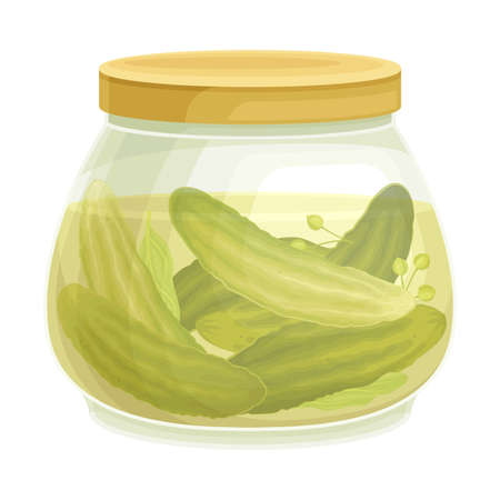 Canned Whole Pickled Cucumber or Gherkin Preserved with Brine in Glass Jar Vector Illustrationのイラスト素材