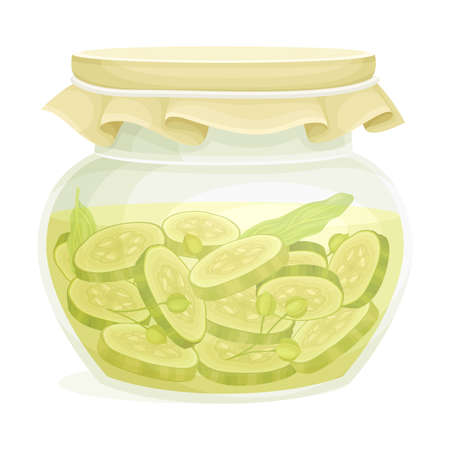 Canned Sliced Pickled Cucumber or Gherkin Preserved with Brine in Glass Jar Vector Illustrationのイラスト素材