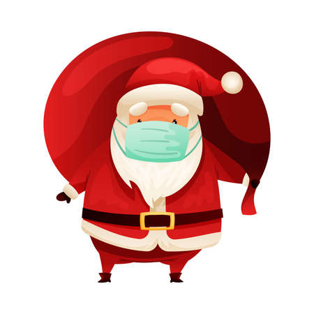 Santa Claus wearing protective face mask carrying red bag of gifts. Christmas card, banner, flyer design cartoon vector illustrationのイラスト素材