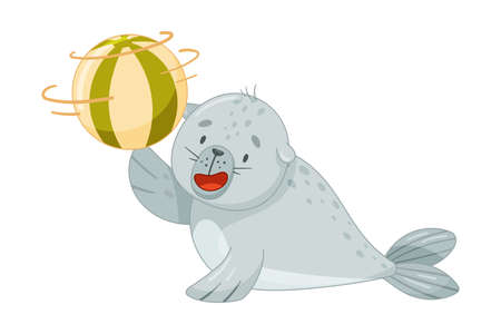 Cute baby seal playing with ball. Funny adorable arctic animal character cartoon vector illustrationのイラスト素材