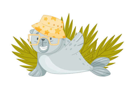 Cute baby seal sunbathing on the beach. Funny adorable arctic animal character cartoon vector illustrationのイラスト素材