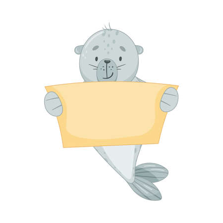 Cute baby seal holding blank paper banner. Funny adorable arctic animal character cartoon vector illustrationのイラスト素材