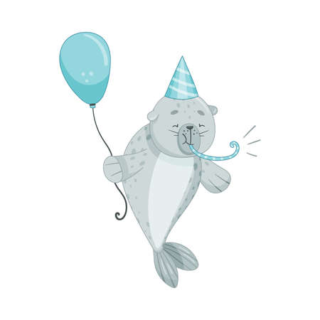 Cute baby seal in party hat holding inflatable balloon. Funny adorable arctic animal character cartoon vector illustrationのイラスト素材