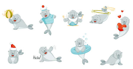 Adorable baby fur seal in daily routine set. Funny arctic animal character cartoon vector illustrationのイラスト素材
